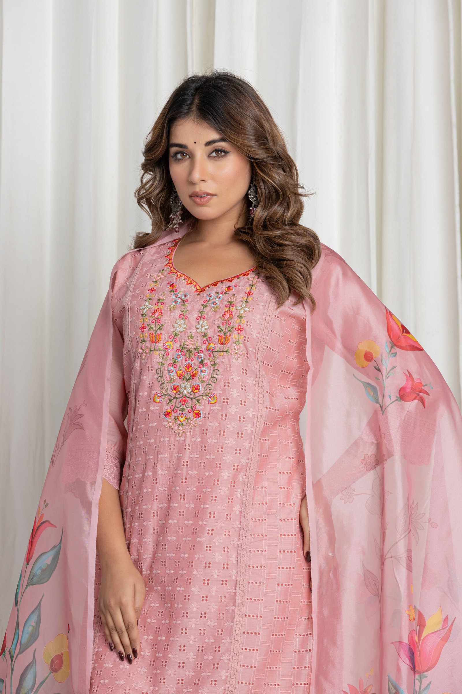 Women's Light Pink Chikankari Embroidered Cotton Suit Set with Floral Print Dupatta