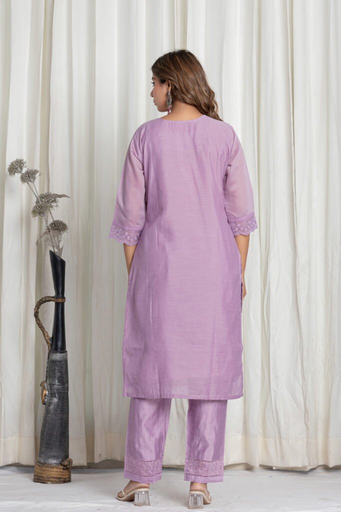 Women's Lavender Chikankari Embroidered Cotton Suit Set with Floral Organza Dupatta