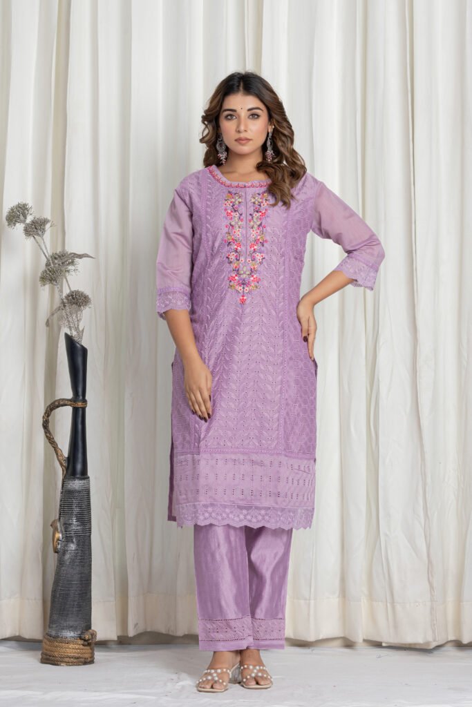 Women's Lavender Chikankari Embroidered Cotton Suit Set with Floral Organza Dupatta