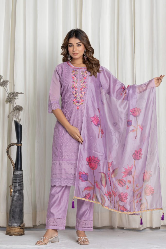 Women's Lavender Chikankari Embroidered Cotton Suit Set with Floral Organza Dupatta
