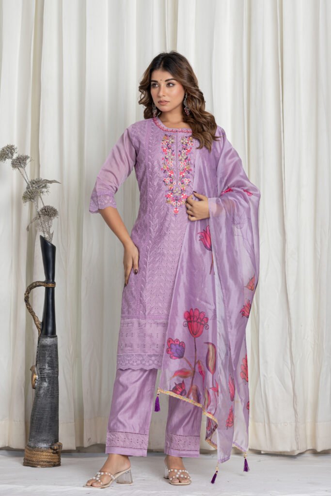 Women's Lavender Chikankari Embroidered Cotton Suit Set with Floral Organza Dupatta