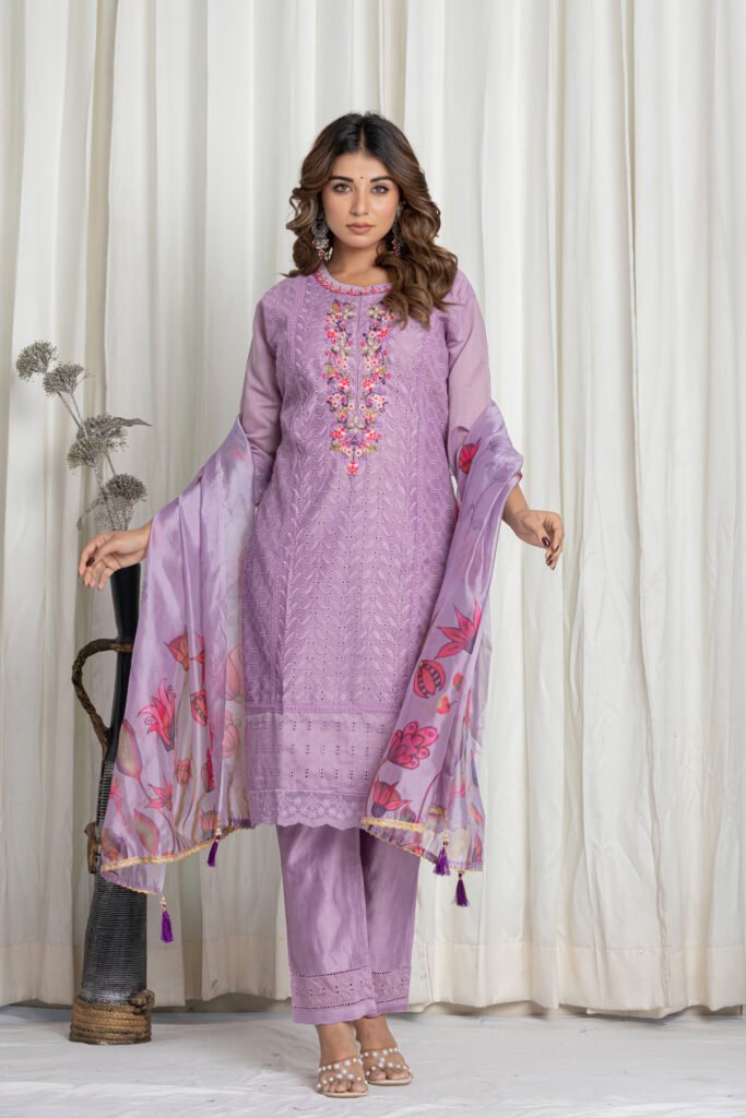Women's Lavender Chikankari Embroidered Cotton Suit Set with Floral Organza Dupatta