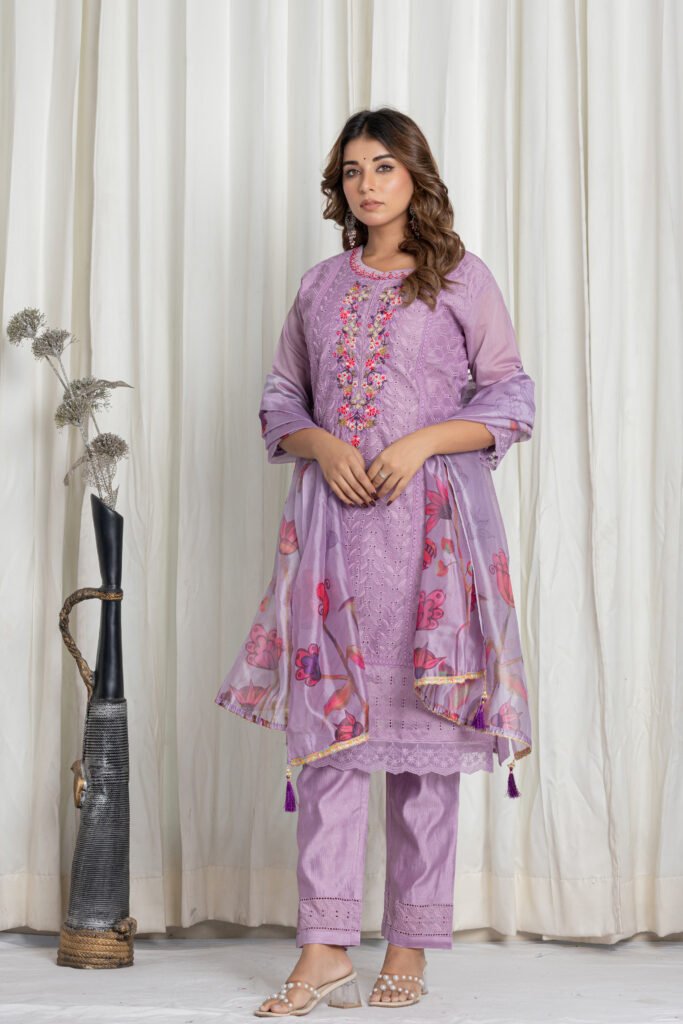 Women's Lavender Chikankari Embroidered Cotton Suit Set with Floral Organza Dupatta