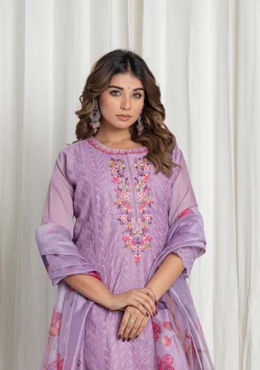 Women's Lavender Chikankari Embroidered Cotton Suit Set with Floral Organza Dupatta