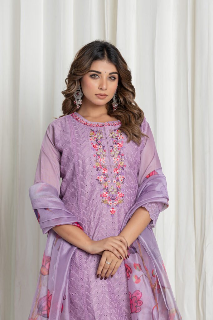Women's Lavender Chikankari Embroidered Cotton Suit Set with Floral Organza Dupatta