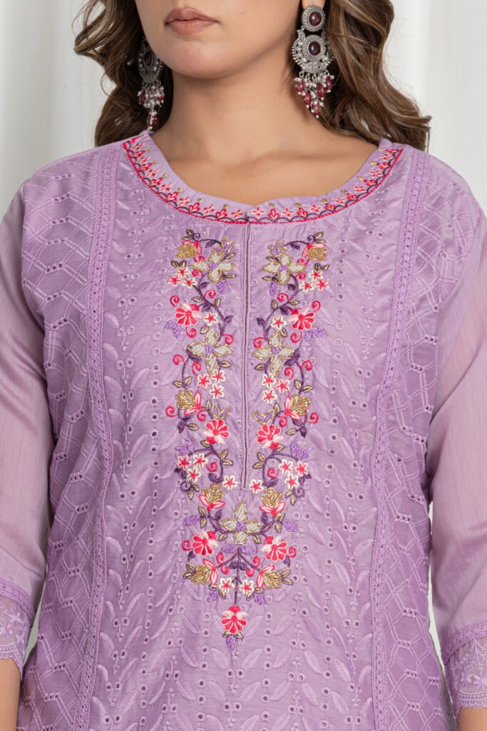 Women's Lavender Chikankari Embroidered Cotton Suit Set with Floral Organza Dupatta