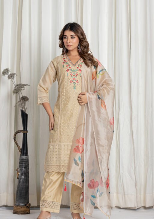 Women's Beige Chikankari Embroidered Cotton Suit Set with Organza Floral Dupatta
