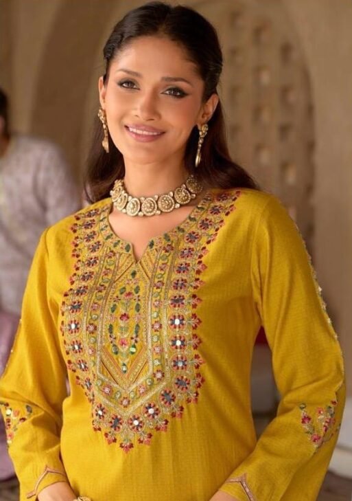 Women's Mustard Yellow Embroidered Mirror Work Suit Set with Printed Dupatta