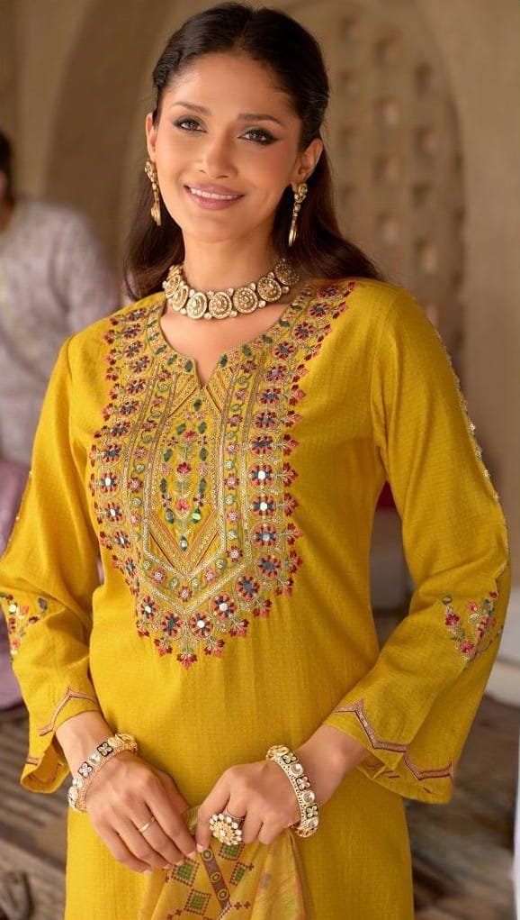 Women's Mustard Yellow Embroidered Mirror Work Suit Set with Printed Dupatta