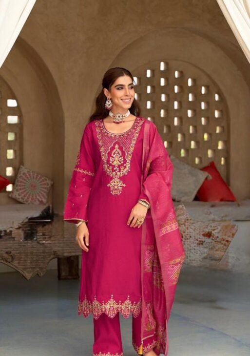 Women's Rani Pink Embroidered Suit Set with Sequin Work and Organza Dupatta
