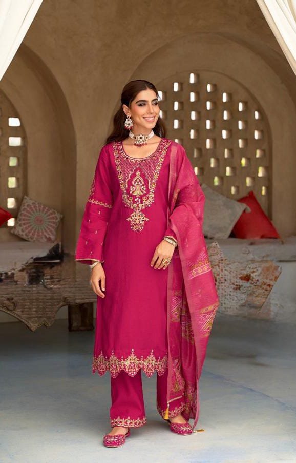 Women's Rani Pink Embroidered Suit Set with Sequin Work and Organza Dupatta