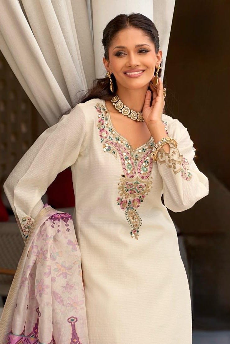 Women's Ivory White Embroidered Mirror Work Suit Set with Floral Printed Dupatta