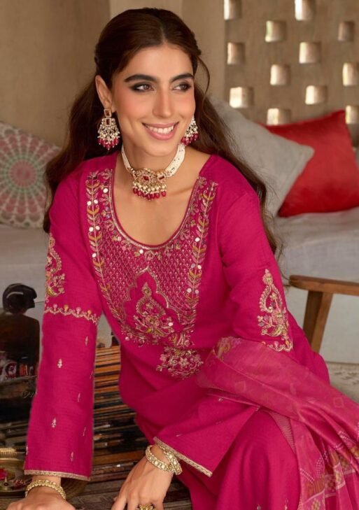 Women's Rani Pink Embroidered Suit Set with Sequin Work and Organza Dupatta