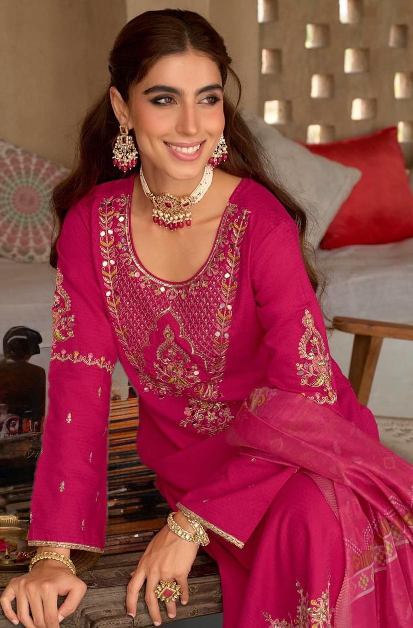 Women's Rani Pink Embroidered Suit Set with Sequin Work and Organza Dupatta