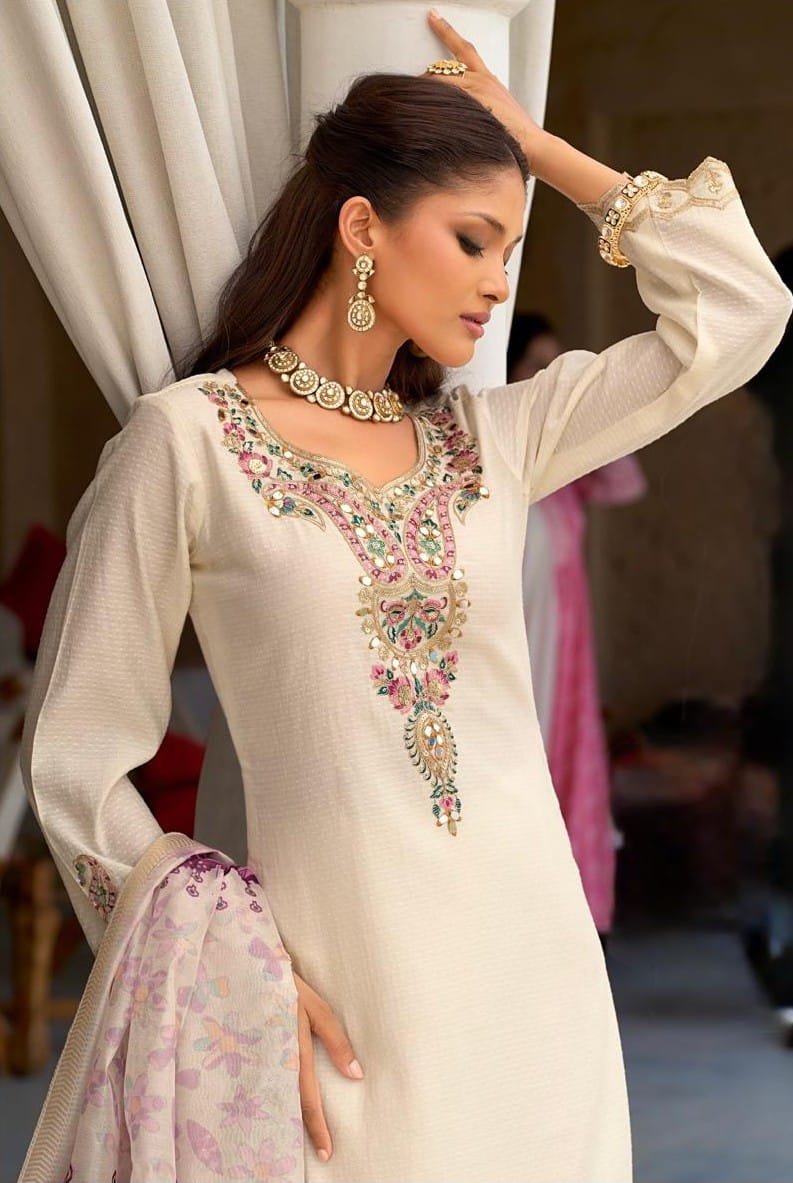 Women's Ivory White Embroidered Mirror Work Suit Set with Floral Printed Dupatta
