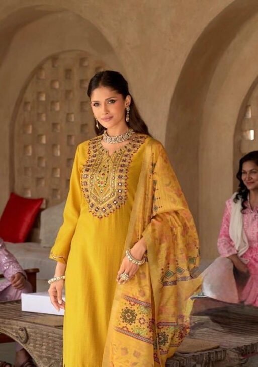 Women's Mustard Yellow Embroidered Mirror Work Suit Set with Printed Dupatta