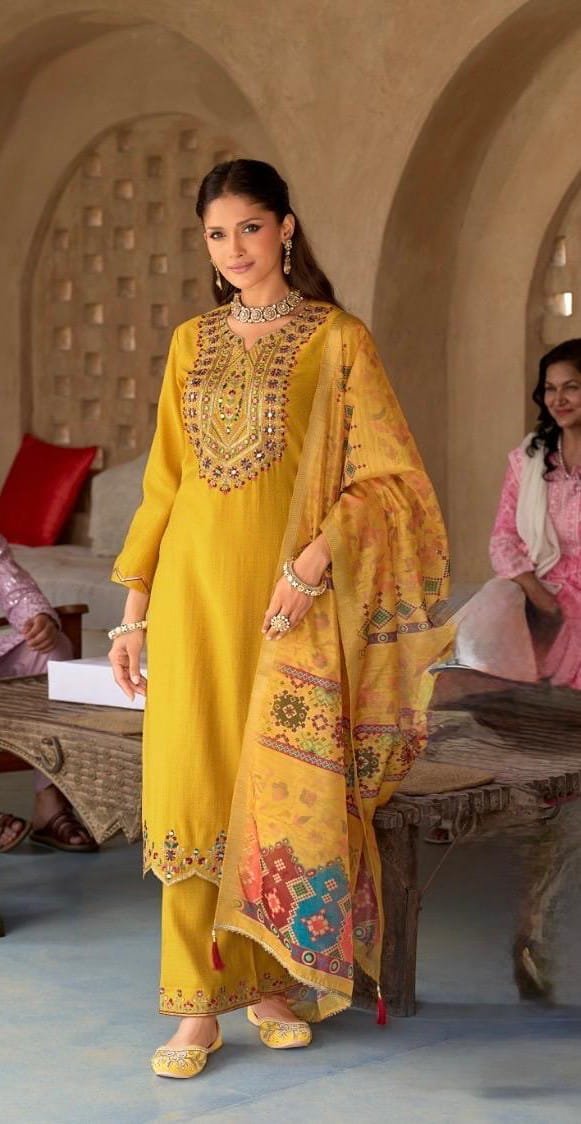 Women's Mustard Yellow Embroidered Mirror Work Suit Set with Printed Dupatta