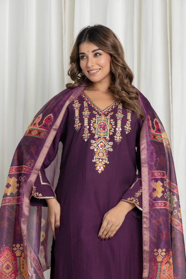 Women's Purple Mirror Work Embroidered Cotton Suit Set with Ikat Print Dupatta