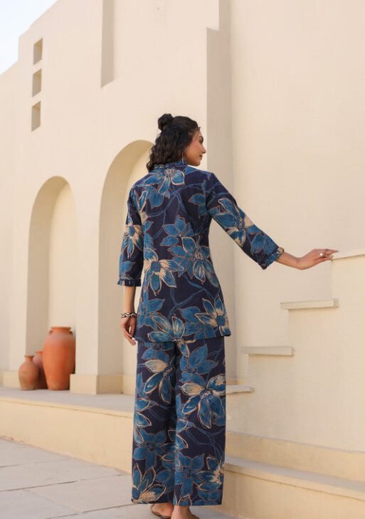 Midnight Bloom Navy Blue Rayon Slub Co-Ord Set