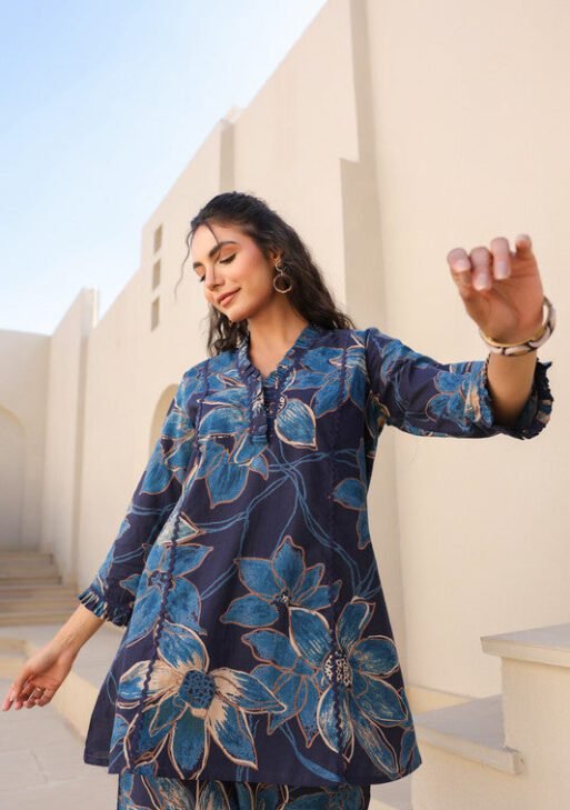 Midnight Bloom Navy Blue Rayon Slub Co-Ord Set