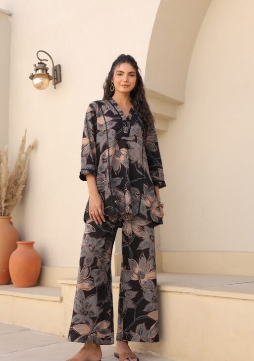 Shadow Bloom Black Rayon Slub Printed Co-Ord Set