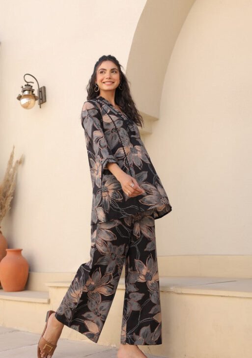 Shadow Bloom Black Rayon Slub Printed Co-Ord Set