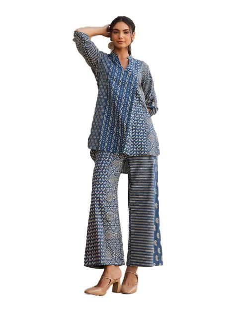 Indigo Patchwork Rayon Slub Printed Co-Ord Set