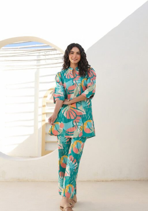 Tropical Muse Green Rayon Slub Printed Co-Ord Set