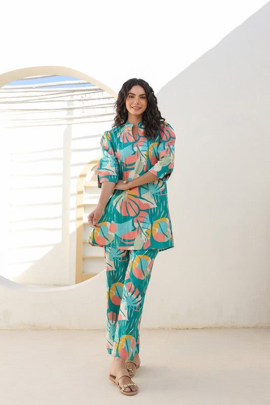Tropical Muse Green Rayon Slub Printed Co-Ord Set