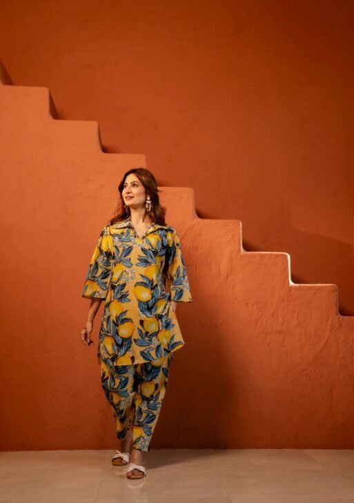 Sunlit Lemon Rayon Slub Printed Co-Ord Set