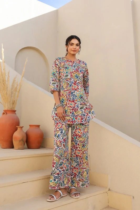 Garden Melody Multicolor Rayon Slub Printed Co-Ord Set