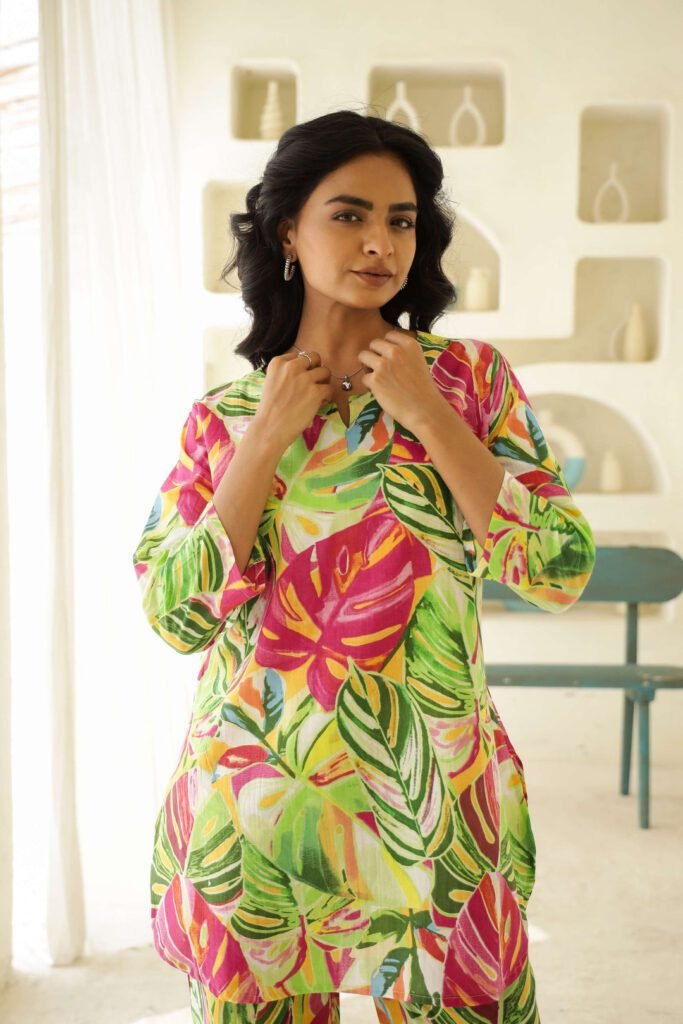 Tropical Breeze Green Rayon Slub Printed Co-Ord Set