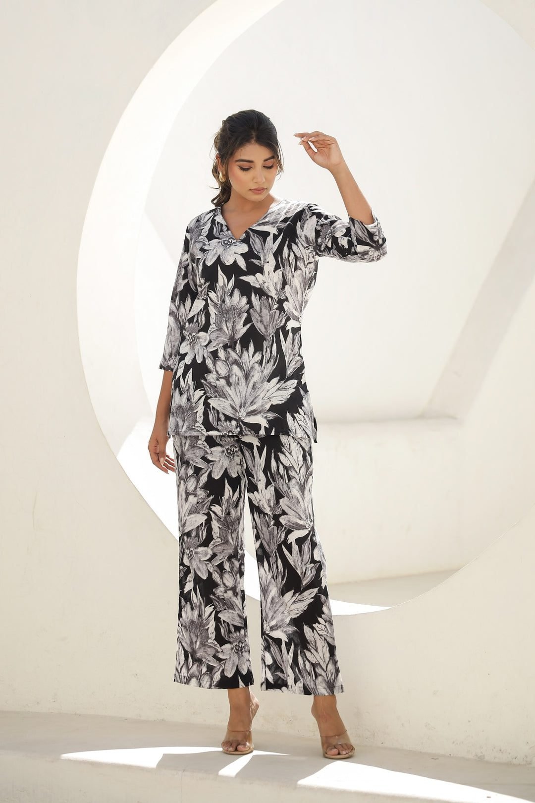 Monochrome Bloom Black & White Rayon Slub Printed Co-Ord Set