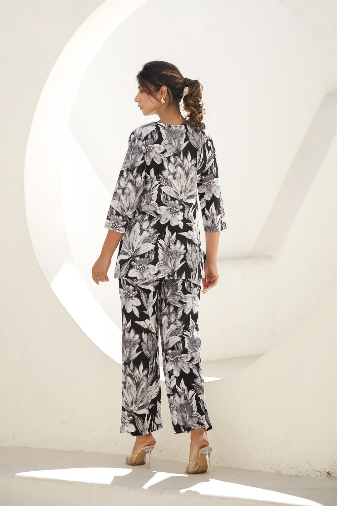 Monochrome Bloom Black & White Rayon Slub Printed Co-Ord Set