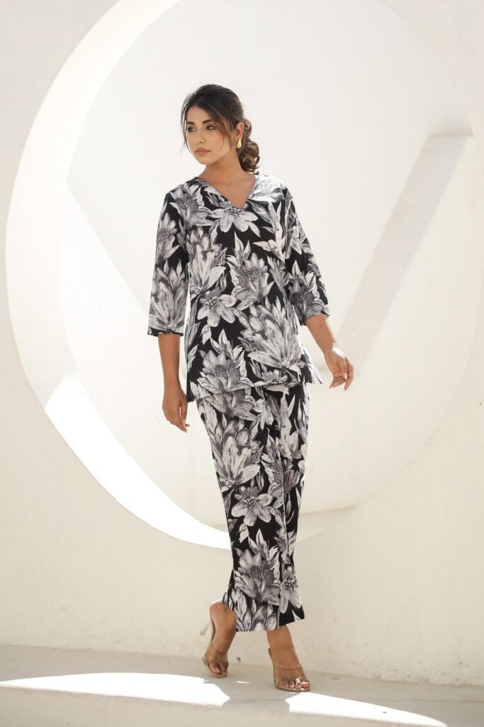 Monochrome Bloom Black & White Rayon Slub Printed Co-Ord Set