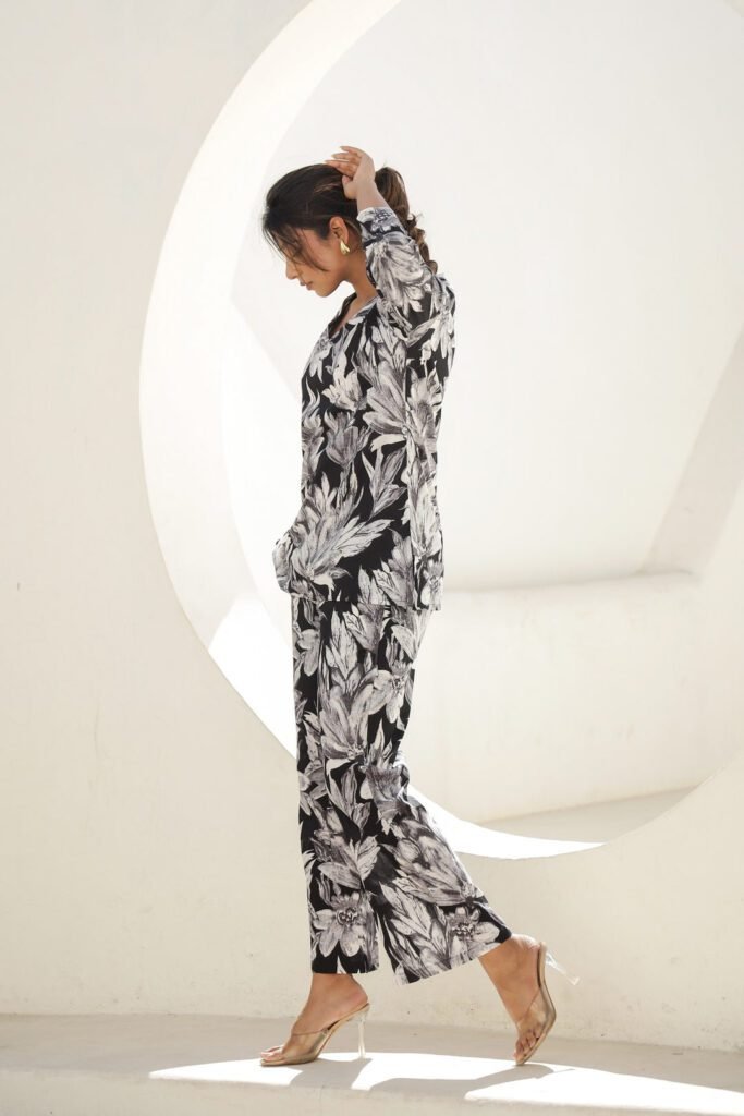 Monochrome Bloom Black & White Rayon Slub Printed Co-Ord Set