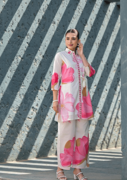 Women’s Floral Printed Rayon Slub Co-ord Set with Tie-Up Waist Belt