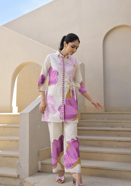 Blush Bloom Rayon Slub Printed Co-Ord Set with Tie-Up Waist Belt