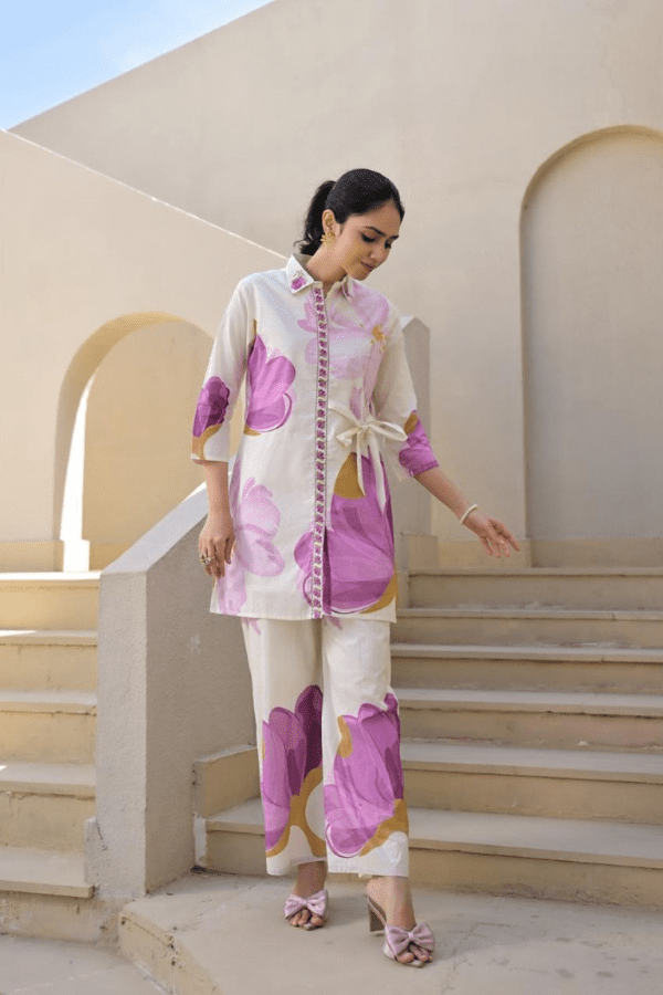 Blush Bloom Rayon Slub Printed Co-Ord Set with Tie-Up Waist Belt