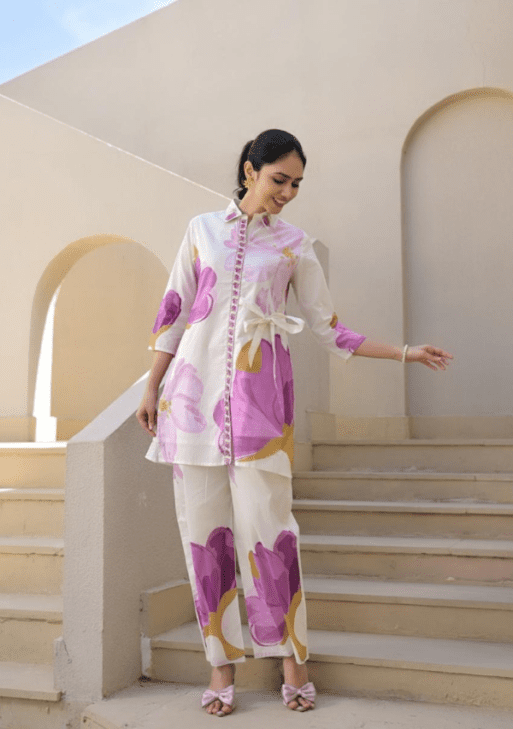 Blush Bloom Rayon Slub Printed Co-Ord Set with Tie-Up Waist Belt