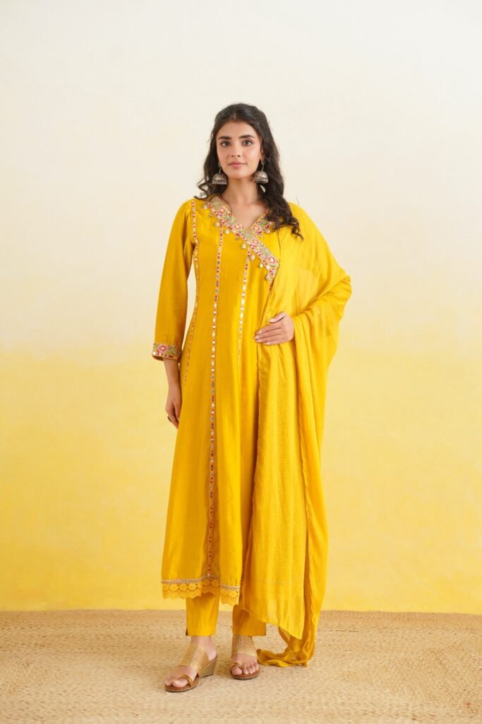 Yellow Embroidered Kurta Pant Dupatta Set for Women