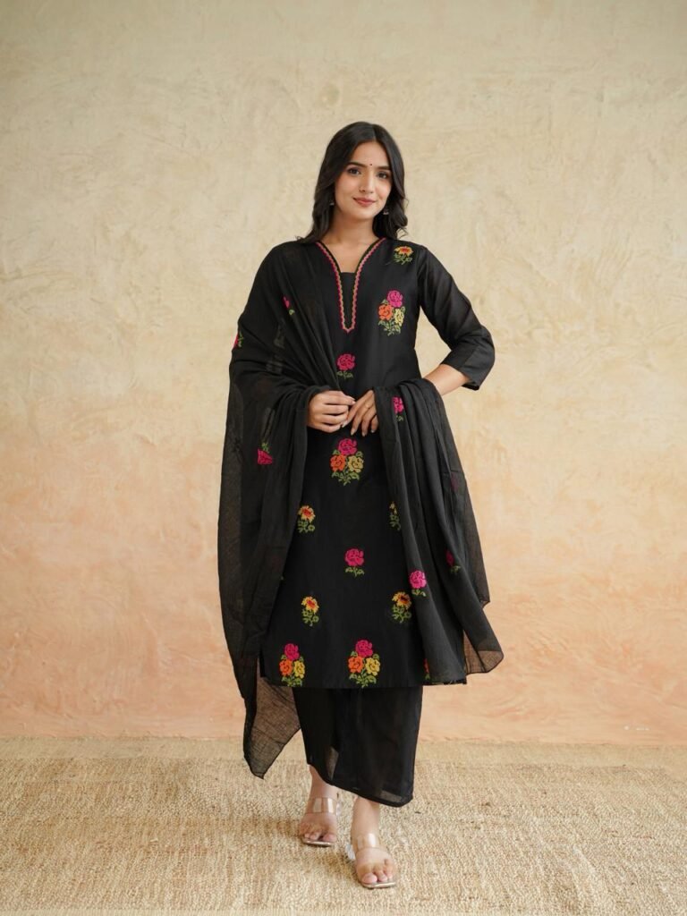 Black Floral Cotton Kurta Set with Dupatta