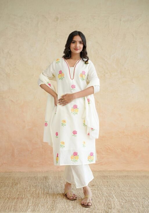 Ivory Floral Cotton Kurta Set with Dupatta