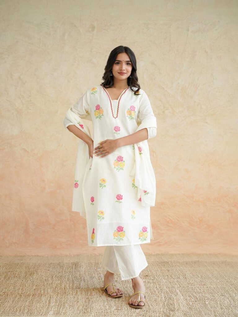 Ivory Floral Cotton Kurta Set with Dupatta