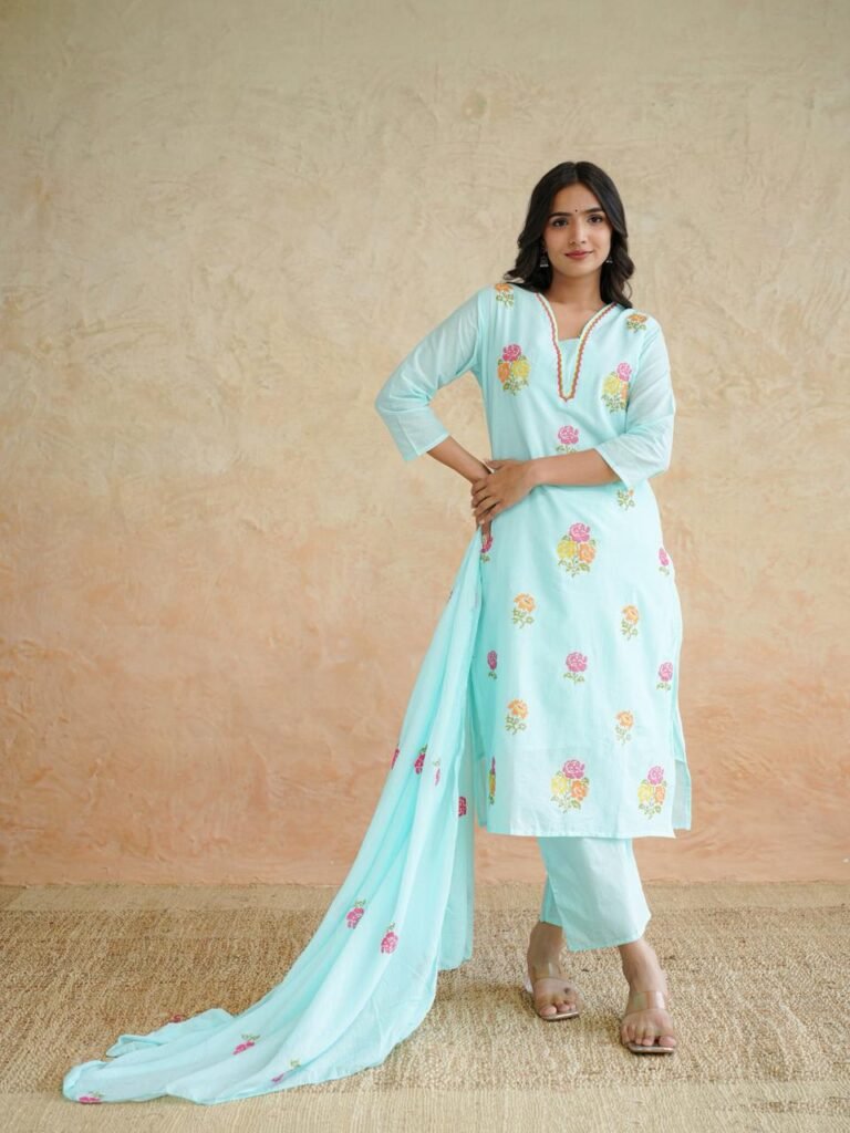 Sky Blue Cotton Kurta Pant Set with Dupatta