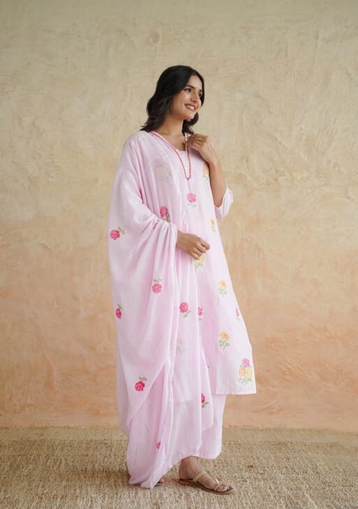 Pink Floral Cotton Kurta Pant Set with Dupatta
