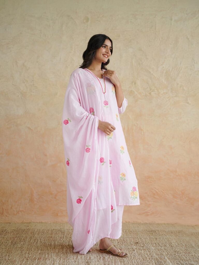 Pink Floral Cotton Kurta Pant Set with Dupatta