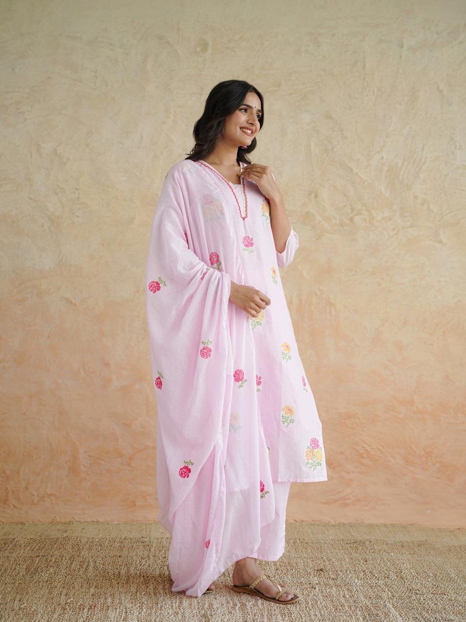Pink Floral Cotton Kurta Pant Set with Dupatta