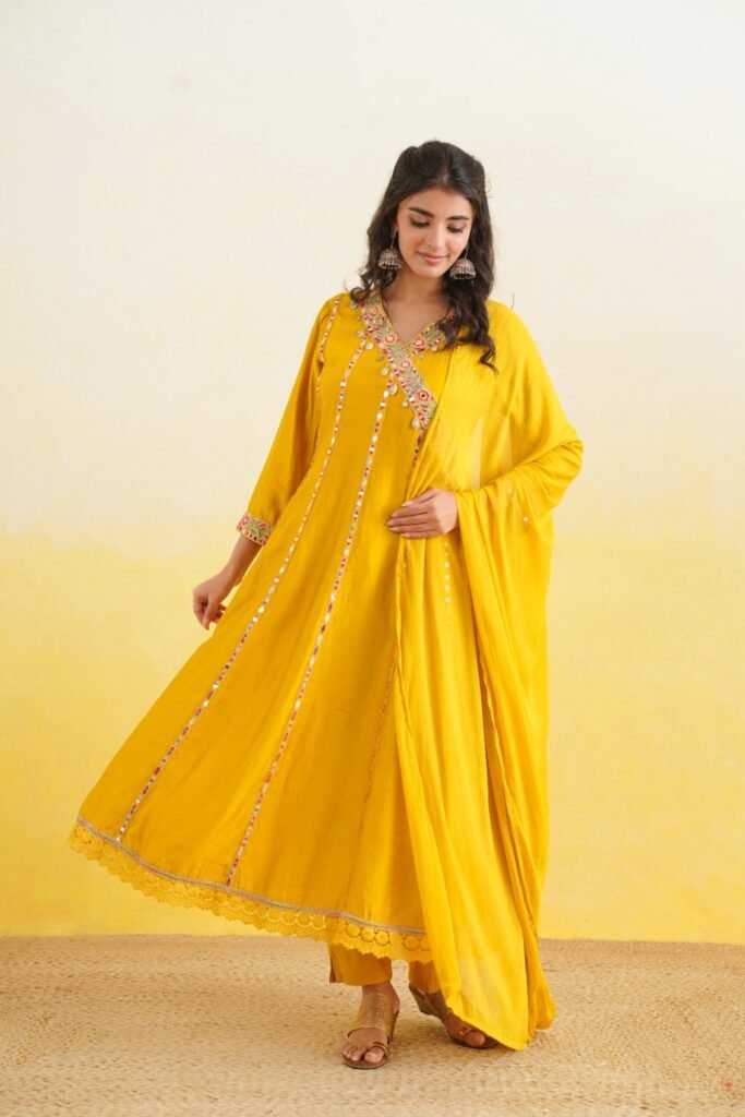 Yellow Embroidered Kurta Pant Dupatta Set for Women