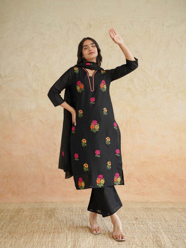 Black Floral Cotton Kurta Set with Dupatta